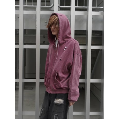stone wash damage zip hoodie【pink】