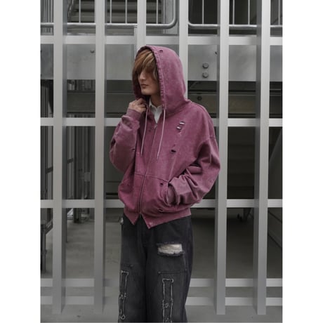 stone wash damage zip hoodie【pink】