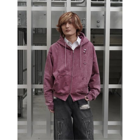 stone wash damage zip hoodie【pink】