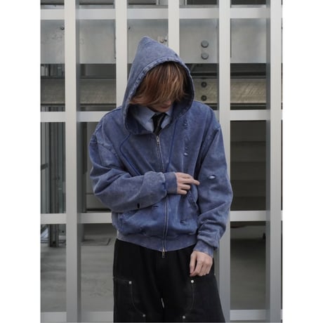 stone wash damage zip hoodie【blue】