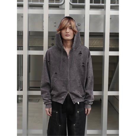 stone wash damage zip hoodie【black】