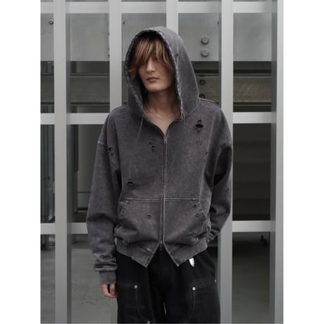 stone wash damage zip hoodie【black】
