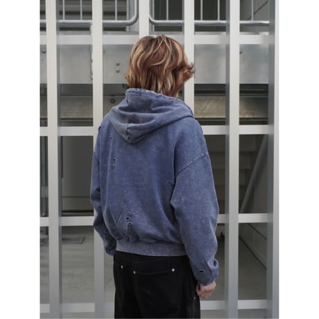 stone wash damage zip hoodie【blue】