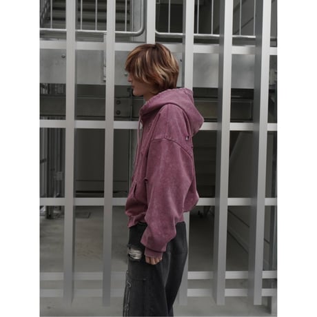 stone wash damage zip hoodie【pink】