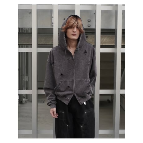 stone wash damage zip hoodie【black】