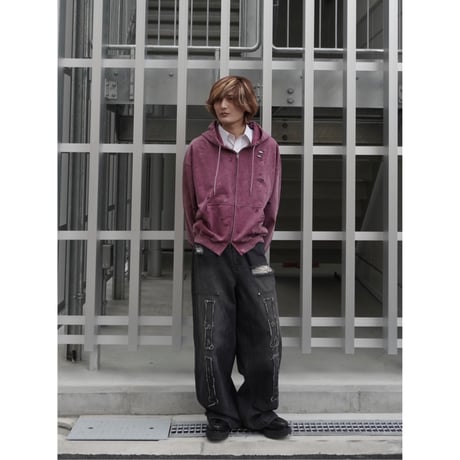 stone wash damage zip hoodie【pink】