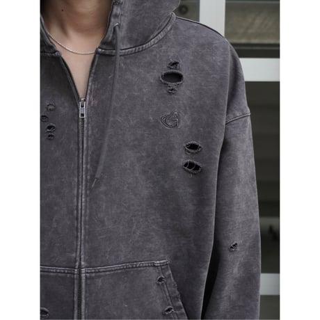 stone wash damage zip hoodie【black】