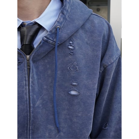 stone wash damage zip hoodie【blue】