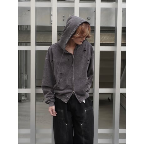 stone wash damage zip hoodie【black】