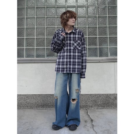 side string  damage check shirt【navy】