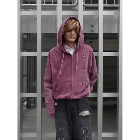 stone wash damage zip hoodie【pink】