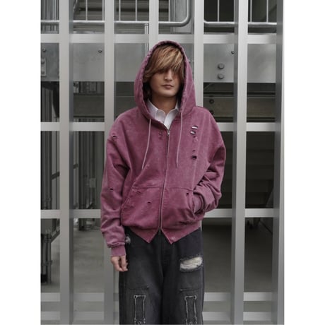 stone wash damage zip hoodie【pink】