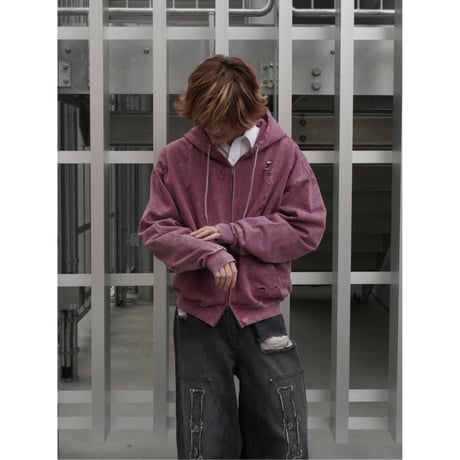 stone wash damage zip hoodie【pink】
