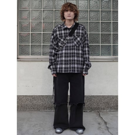 side string  damage check shirt【black】