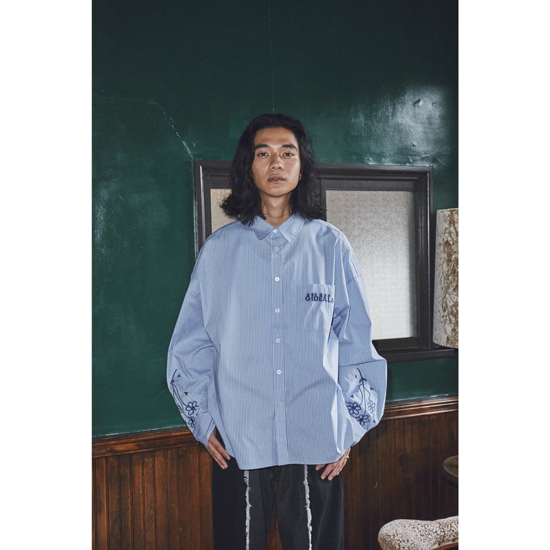 flower embroidery stripe shirt【blue】 | GIDEAL