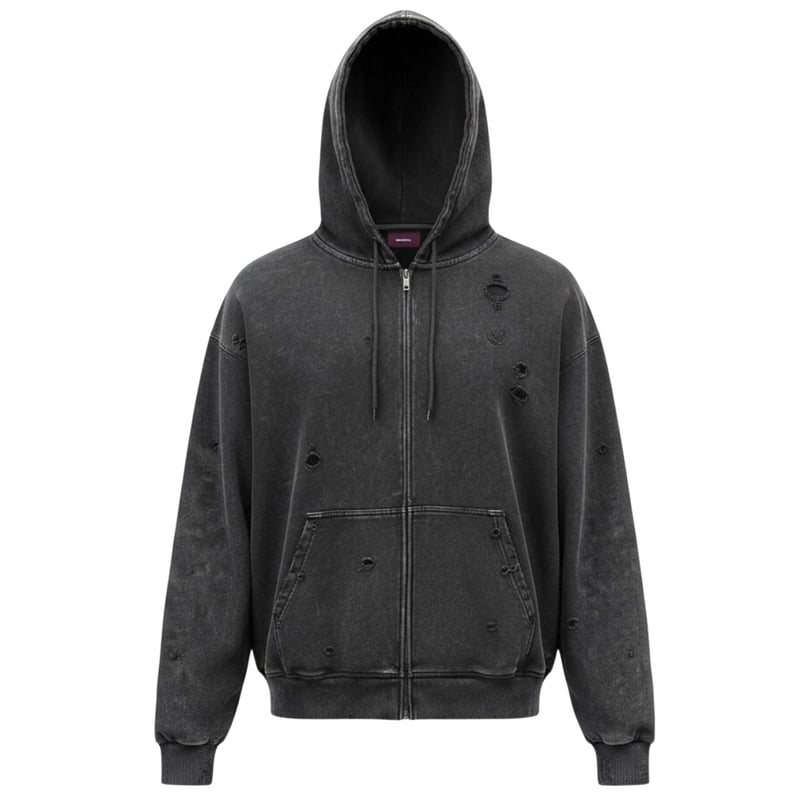stone wash damage zip hoodie【black】 | GIDEAL.