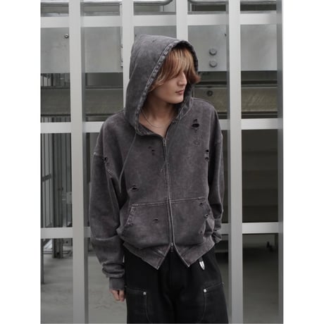 stone wash damage zip hoodie【black】