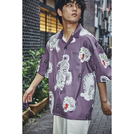 ukiyo-e tiger open collar shirt【purple】