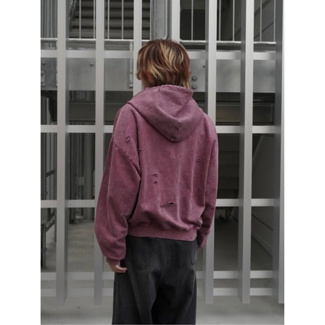 stone wash damage zip hoodie【pink】
