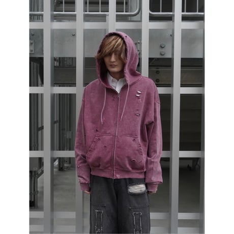 stone wash damage zip hoodie【pink】