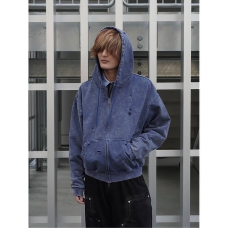stone wash damage zip hoodie【blue】