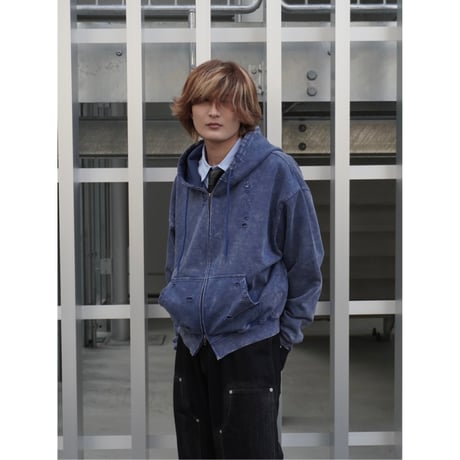 stone wash damage zip hoodie【blue】