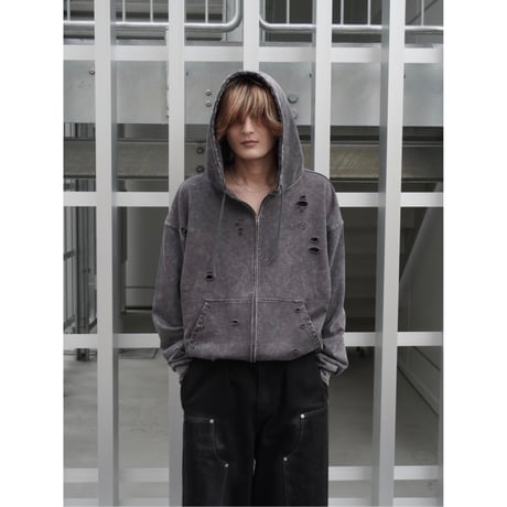 stone wash damage zip hoodie【black】