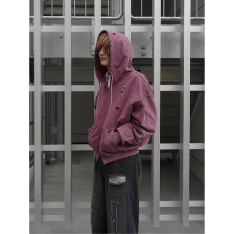 stone wash damage zip hoodie【pink】