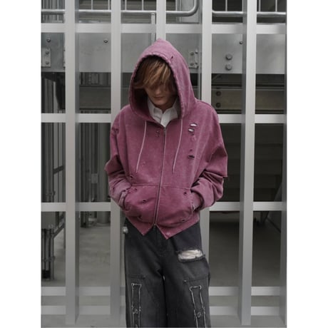 stone wash damage zip hoodie【pink】
