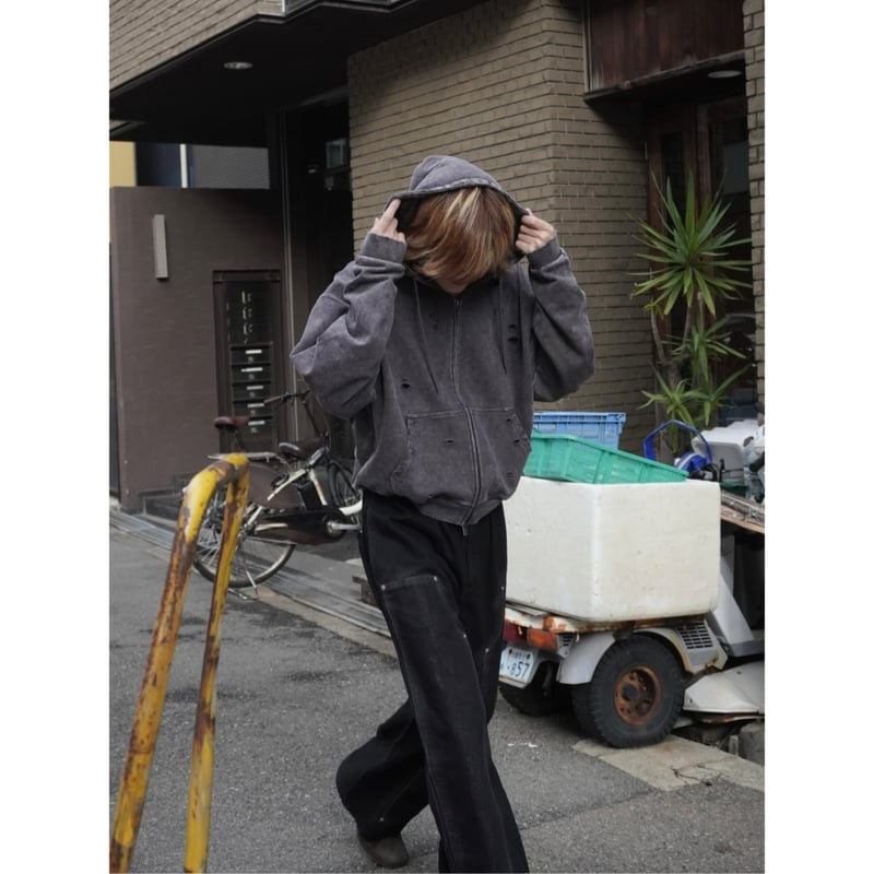 stone wash damage zip hoodie【black】 | GIDEAL.