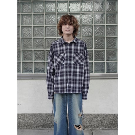 side string  damage check shirt【navy】