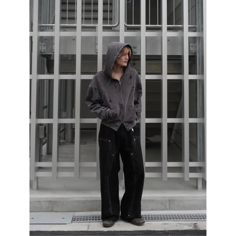 stone wash damage zip hoodie【black】