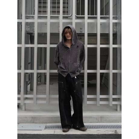 stone wash damage zip hoodie【black】