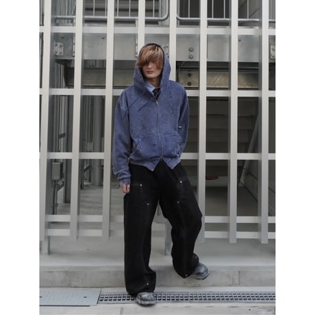 stone wash damage zip hoodie【blue】