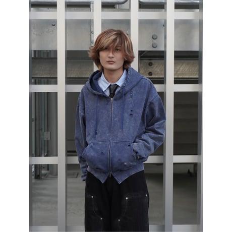 stone wash damage zip hoodie【blue】