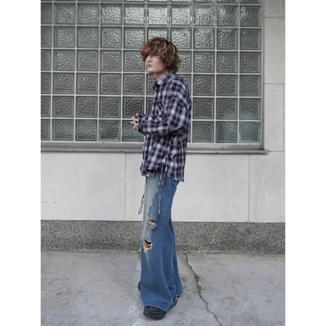 side string  damage check shirt【navy】