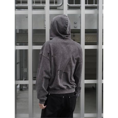 stone wash damage zip hoodie【black】