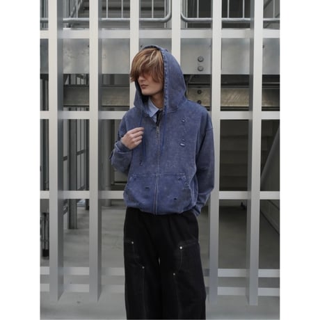 stone wash damage zip hoodie【blue】