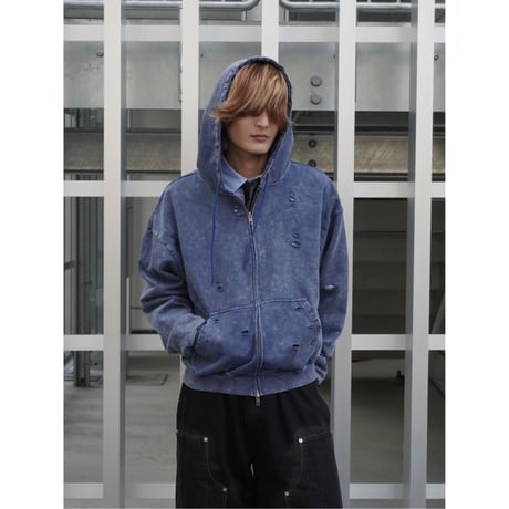 stone wash damage zip hoodie【blue】