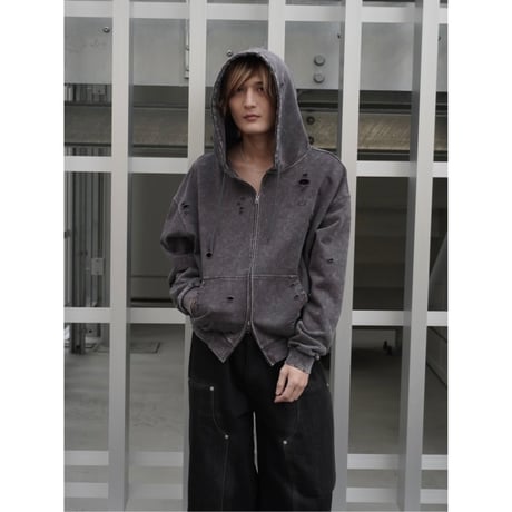 stone wash damage zip hoodie【black】