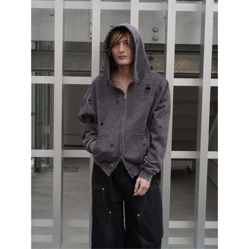 stone wash damage zip hoodie【black】 | GIDEAL.