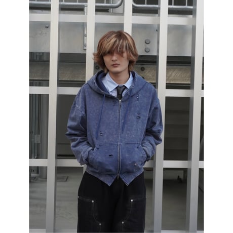 stone wash damage zip hoodie【blue】