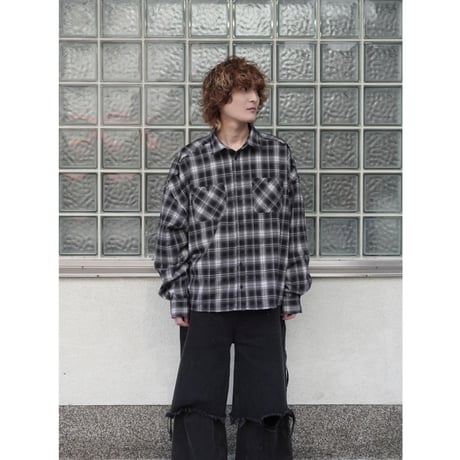 side string  damage check shirt【black】