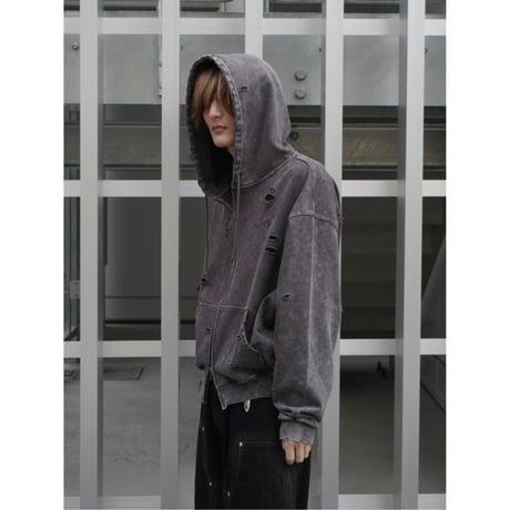 stone wash damage zip hoodie【black】