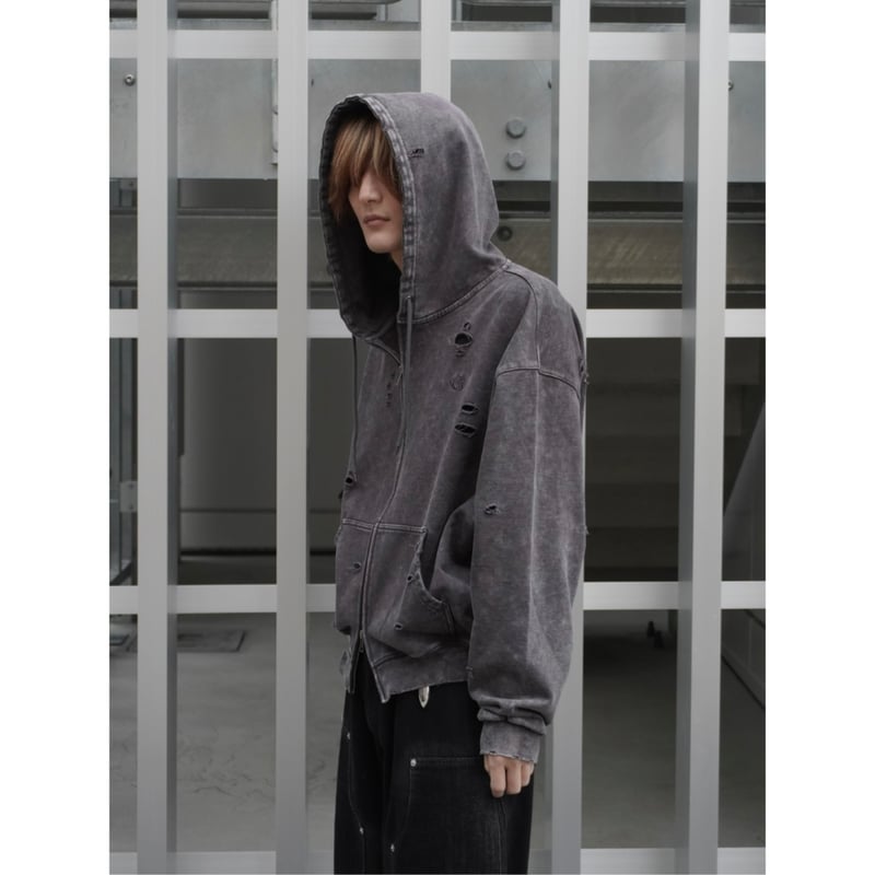 stone wash damage zip hoodie【black】 | GIDEAL.