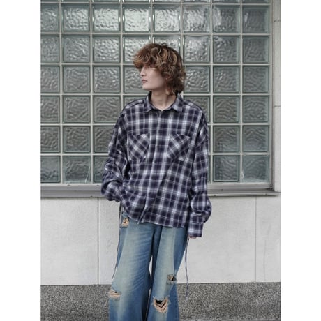 side string  damage check shirt【navy】