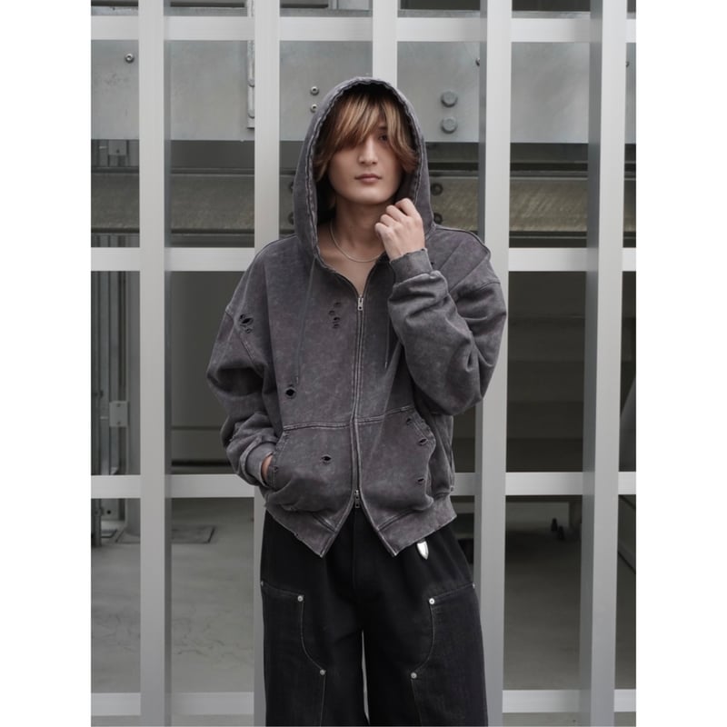stone wash damage zip hoodie【black】 | GIDEAL.