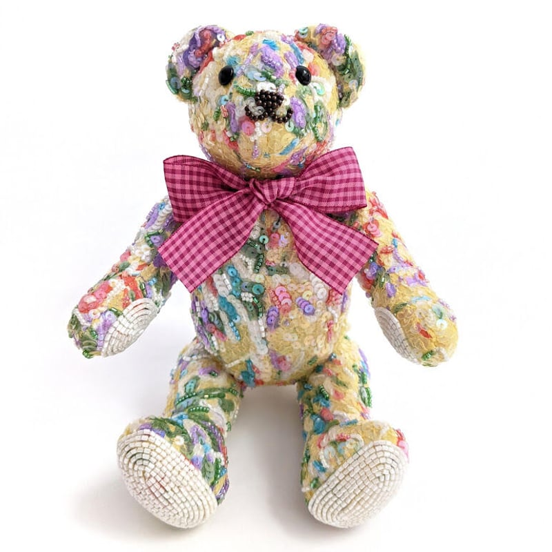 ビーズとスパンコール刺繍のベア Mサイズ クリームイエロー | tilia