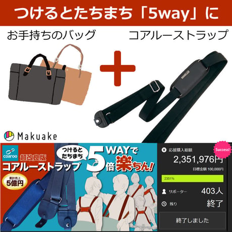 5way coaroo 【コアルー ストラップ 25ミリ】肩 ラク 前抱え 軽い 肩掛け ショルダー ベルト リュック 変身 便利 多機能 軽量 鞄 通勤 満員電車 旅行 散歩 2way 3way