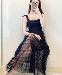 ショルダーリボンパッチワークワンピース